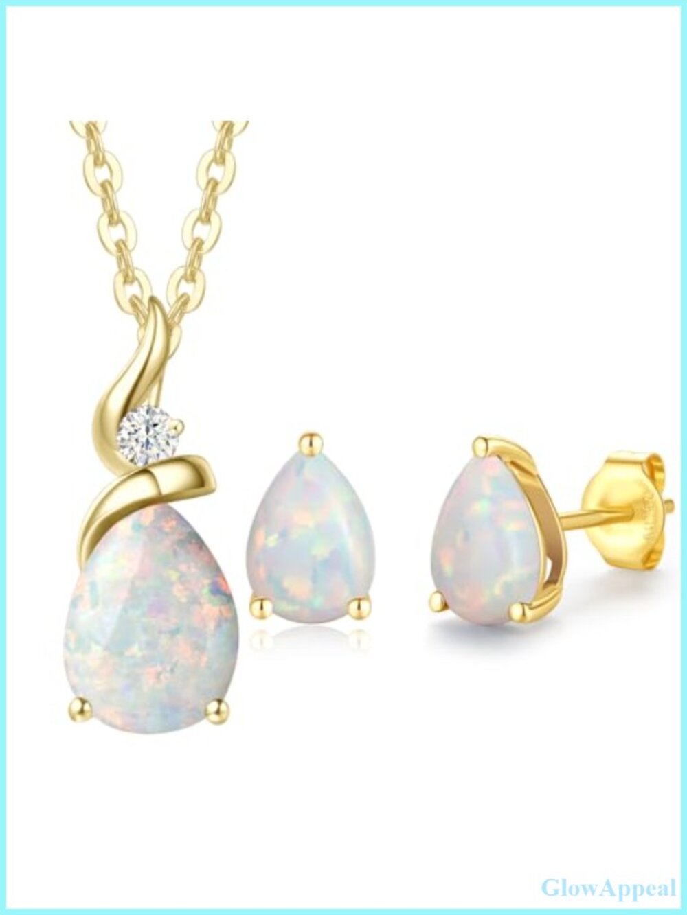 14K Solid Yellow Gold Opal Teardrop Necklace Earrings Set Lab Diamond